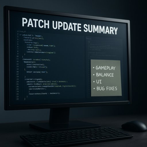 Patch update summary on a computer monitor with code and notes. The scene is technical and informative, aimed at players following 666D blog updates in Pakistan. The lighting is cool and focused to convey precision.