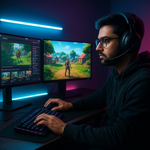 Desk setup with dual monitors and neon lighting, a gamer focusing on streaming. The scene emphasizes community-driven gaming-news in Pakistan with a focus on local events.