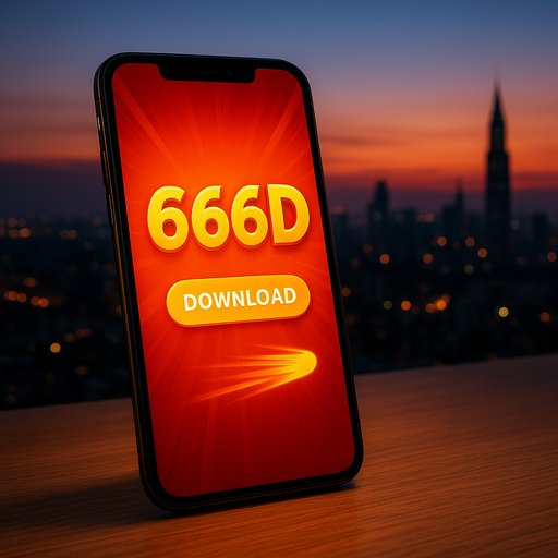 A modern mobile device on a desk displaying the 666D app download screen with a bright, energetic UI. The background shows a skyline of Karachi at dusk and conveys speed, trust, and excitement for Pakistani players installing the official 666D gaming app.