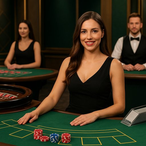 Card image depicting a live casino studio with dealers and real-time action, emphasizing immersive live gaming.